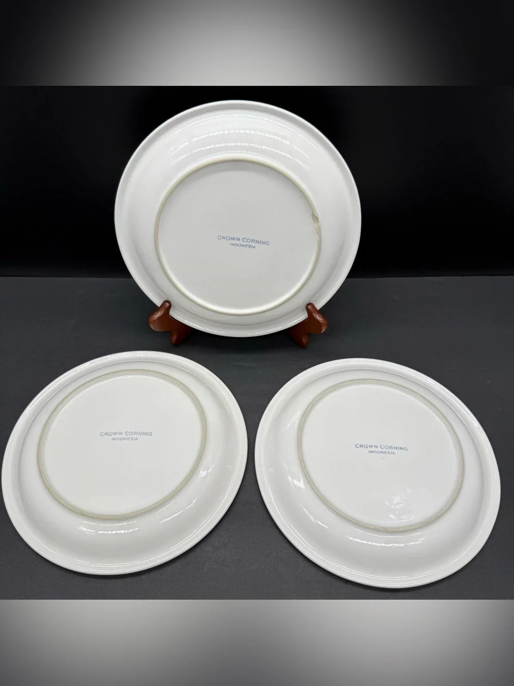 Crown Corning Orange Green Plaid Plate 9” Indonesia Stoneware Set of 3 Rare VTG